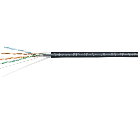Кабель витая пара Cabeus экранированная ftp (f/utp), категория 5e, 4 пары (24 awg), одножильный, экран - фольга, для внутренней и внешней прокладки (+75 c - -40 c), lszh-uv (100 м) FTP-4P-Cat.5e-SOLID-OUT-LSZH-UV-100