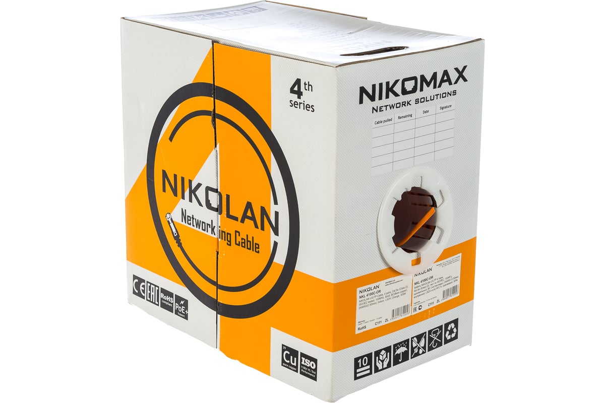 Кабель NIKOLAN U/UTP 4 пары, одножильный, оранжевый, 305м NKL 4100C-OR ...