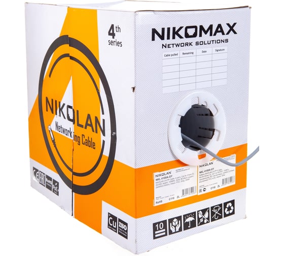 Кабель NIKOLAN U/UTP 4 пары, одножильный, серый, 305м NKL 4100A-GY