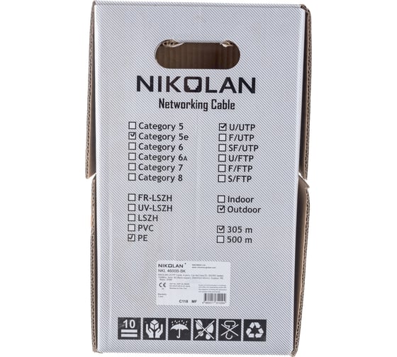 Кабель NIKOLAN U/UTP 4 пары, черный, 305м NKL 4600B-BK