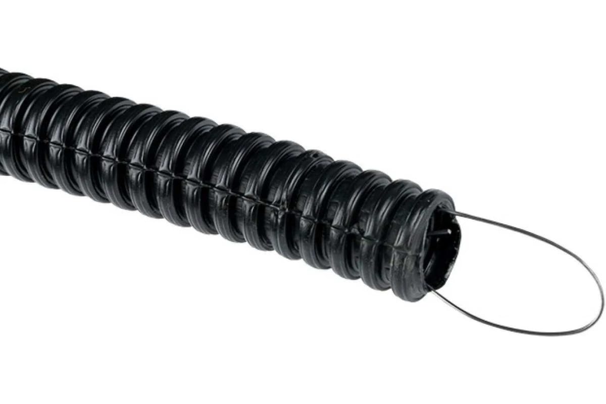 Ekf plast гофра. Гофрированный кабель канал. Труба ПНД гибкая гофр. Д.32мм, лёгкая с протяжкой, 25м, цвет чёрный.