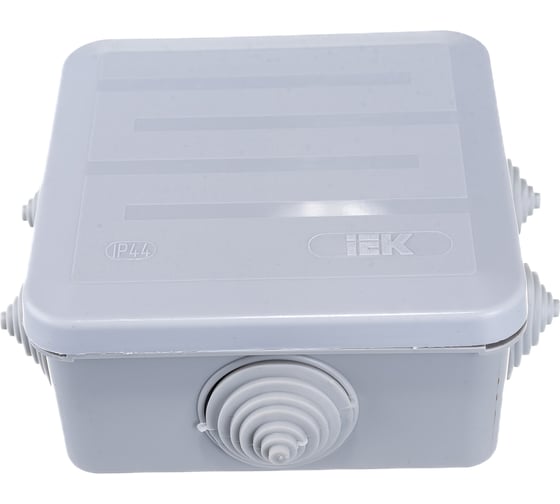 Распаечная коробка IEK 100x100x50, IP44, открытой проводки, КМ41255, 6 гермовводов, защелкивающаяся крышка UKOZ11-100-100-050-K41-44