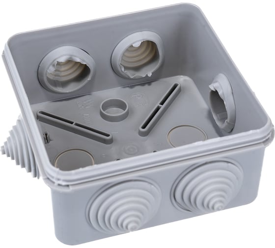 Распаечная коробка IEK 100x100x50, IP44, открытой проводки, КМ41255, 6 гермовводов, защелкивающаяся крышка UKOZ11-100-100-050-K41-44