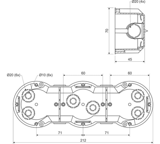 Коробка установочная приборная (подрозетник) KOPOS трехместная KP 64 Electro 71x213х45 для твердых стен (комплект 2шт.) KP 64 / 3 (KA)