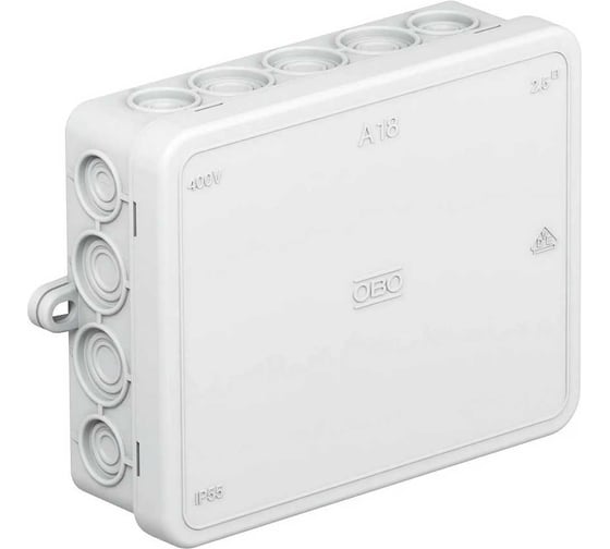 Распределительная коробка OBO Bettermann A18, 125x100x40 мм, IP55, 18 кабельных вводов, полиэтилен (10 шт/уп) 2000410 1