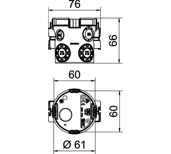 Монтажная коробка для твердых стен OBO Bettermann увеличенной глубины Ø60mm, H66mm, без галогена, 7 вводов, IP30, без винтов (25 шт/уп) 2003702