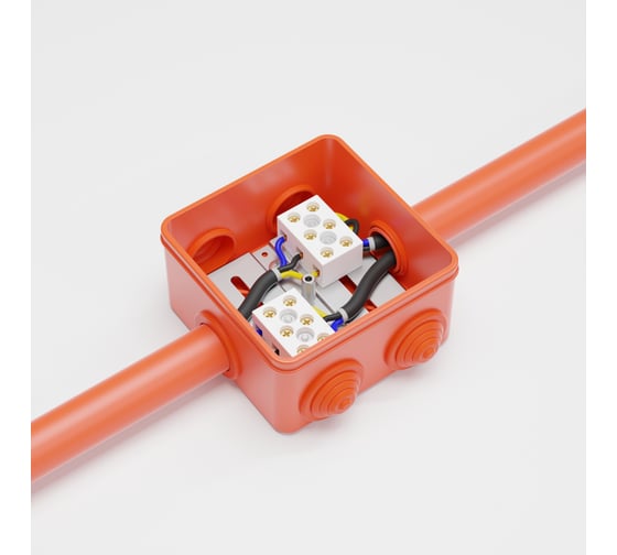 Коробка Экопласт JBS080 огн. E110, о/п 85x85x50мм, без галогена, 6 вых., IP44, 8P, (0,15-2,5 мм²), цвет оранж. 43041HF