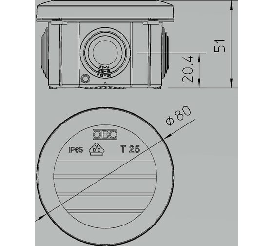 Распределительная коробка OBO Bettermann 80х51мм IP65 4х25 T25 светлый серый 2007029