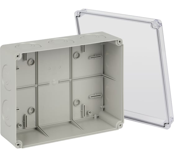 Распаячная коробка ЭРА KORvpk-240-195-90 ОП серая 240х195х90мм прозрачная крышка на винтах d25-3шт d32-2шт IP55 Б0071920