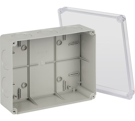 Распаячная коробка ЭРА KORvpk-240-195-90-44 ОП серая 240х195х90мм прозрачная крышка на винтах d25-3шт d32-2шт IP44 Б0071916
