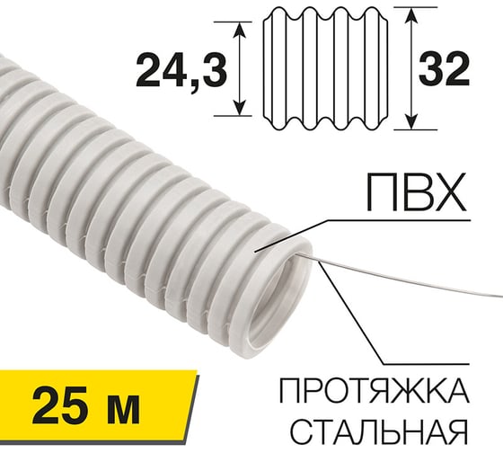 Гофрированная труба REXANT из ПВХ с зондом, d 32 мм, серая, 25 м 28-0032-2