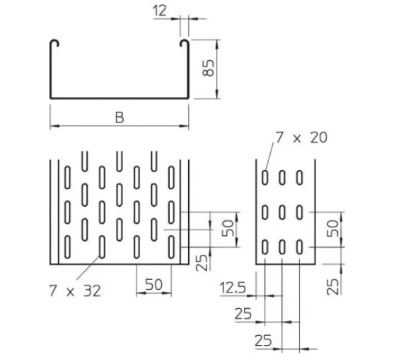 Листовой кабельный лоток OBO Bettermann SKS 820 FS, 85х200х3000 мм, S=1,5 мм, перфорированный, сталь, конвейерный цинк 6058205
