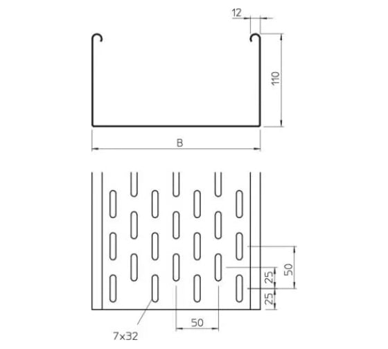 Листовой кабельный лоток OBO Bettermann SKS 110 FS, 110х100х3000 мм, S=1,5 мм, перфорированный, сталь, конвейерный цинк 6061109