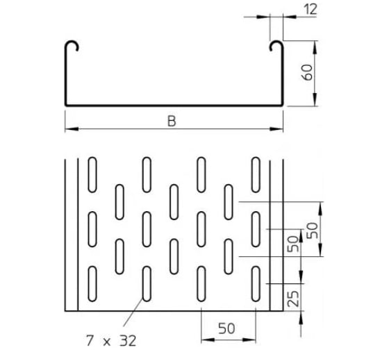 Листовой кабельный лоток OBO Bettermann LKS 660 FS RU, 60х600х3000 мм, S=0,9 мм, перфорированный, сталь, конвейерный цинк 6048924