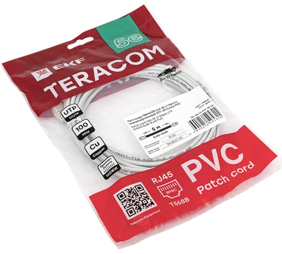 Неэкранированный патч-корд EKF teracom cat.5e (1гбит/с) utp оболочка pvc серый (5м) TRC-5EUTP-PVC-5M-GY