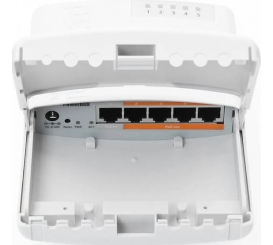 Маршрутизатор Mikrotik powerbox with 650mhz cpu, 64mb ram, 5xlan (four with poe out), routeros l4, outdoor case, psu, poe, mounting set RB750P-PBr2