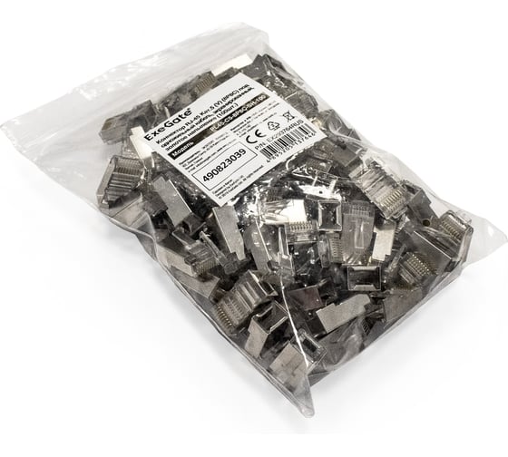Коннектор ExeGate PL45-C5-8P8C-SH-100 RJ-45 Кат.5e 8P8C под одножильный кабель FTP, экранированный, золотое напыление 100шт 293764