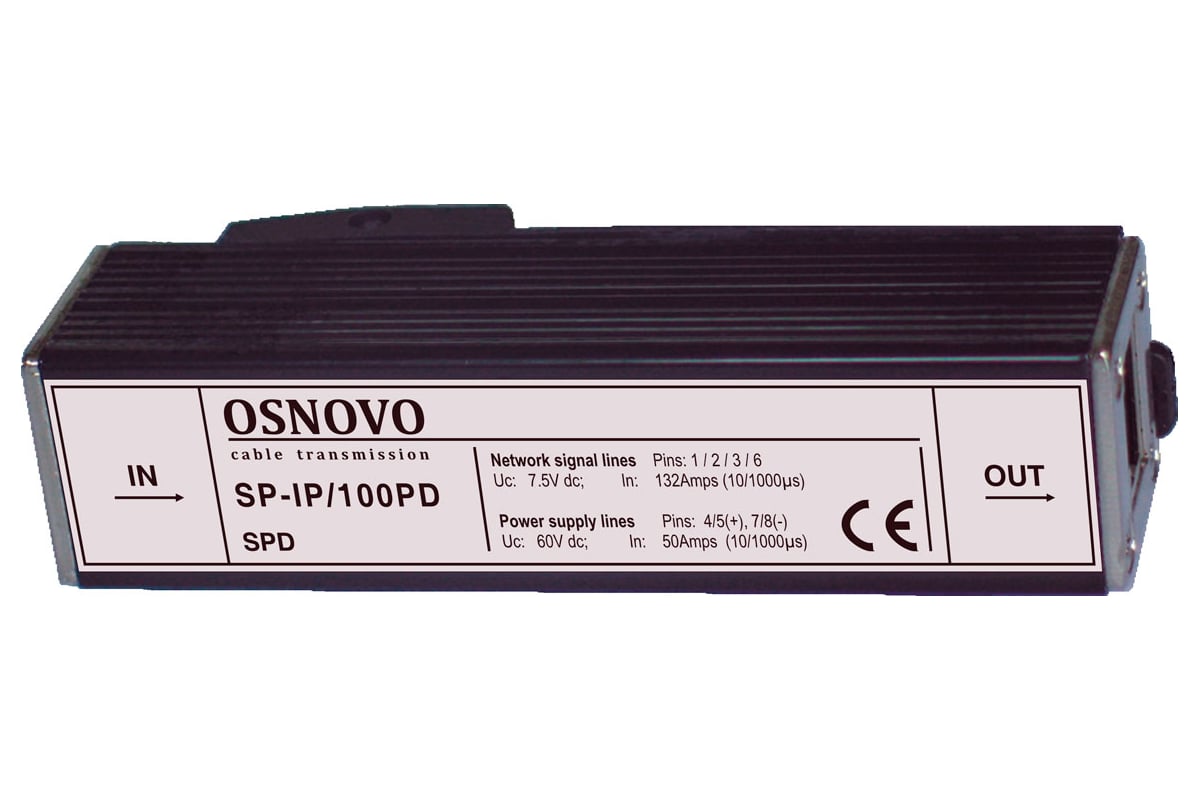 Устройство грозозащиты OSNOVO SP-IP/100PD для локальной вычислительной сети  (скорость до 100Мбит/с) с защитой линий PoE (af/at, метод B, контакты 4/5,  7/8), двухуровневая защита. sct1008 - выгодная цена, отзывы,  характеристики, фото - купить