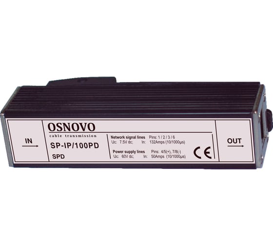 Устройство грозозащиты OSNOVO SP-IP/100PD для локальной вычислительной сети (скорость до 100Мбит/с) с защитой линий PoE (af/at, метод B, контакты 4/5, 7/8), двухуровневая защита. sct1008