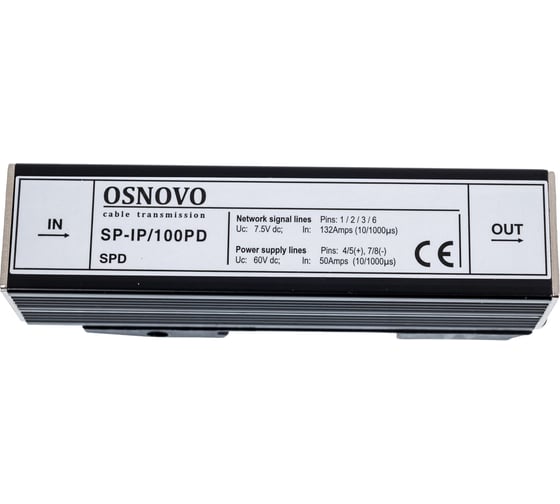 Устройство грозозащиты OSNOVO SP-IP/100PD для локальной вычислительной сети (скорость до 100Мбит/с) с защитой линий PoE (af/at, метод B, контакты 4/5, 7/8), двухуровневая защита. sct1008