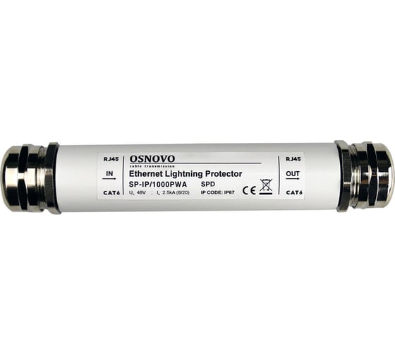 Уличное устройство грозозащиты для локальной вычислительной сети OSNOVO SP-IP/1000PWA (скорость до 1000 Мб/с) с защитой линий PoE (af/at, методы A + B, контакты 1/2, 3/6, 4/5, 7/8) sct1457