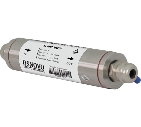 Уличное устройство грозозащиты для локальной вычислительной сети OSNOVO SP-IP/1000PW (скорость до 1000 Мб/с) с защитой линий PoE (af/at, методы A + B, контакты 1/2, 3/6, 4/5, 7/8) sct1056 1