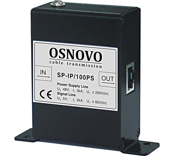 Устройство грозозащиты для локальной вычислительной сети OSNOVO SP-IP/100PS (скорость до 100Мбит/с) с защитой линий PoE (af/at, метод B, контакты 4/5, 7/8), двухступенчатая защита sct1009 1