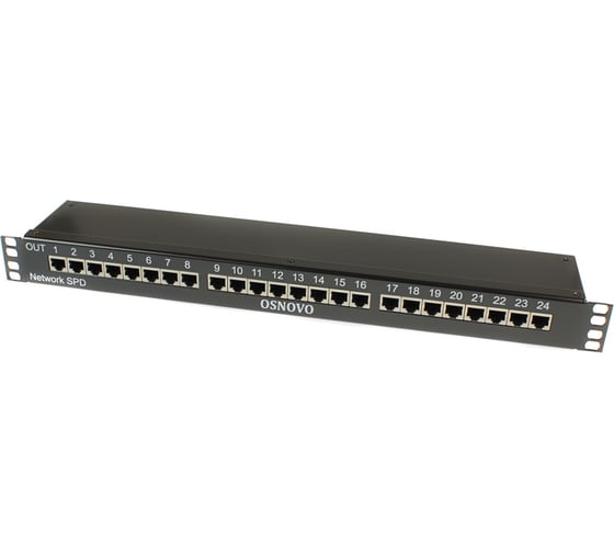 устройство грозозащиты для локальной вычислительной сети на 24 порта OSNOVO SP-IP24/1000PR 1U (скорость до 1000 Мб/с) с защитой линий PoE (af/at, методы A + B, контакты 1/2, 3/6, 4/5, 7/8) sct1490 1