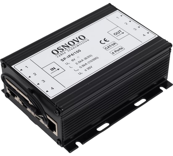 Устройство грозозащиты для локальной вычислительной сети на 4 порта OSNOVO SP-IP4/100 (скорость до 100 Мб/с) Защищаемые контакты 1/2, 3/6 sct1010