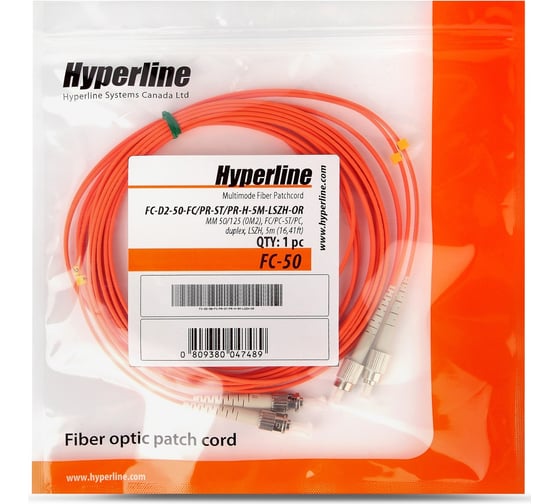 Волоконно-оптический патч-корд (шнур) Hyperline FC-D2-50-FC/PR-ST/PR-H-5M-LSZH-OR MM 50/125, FC-ST, 2.0 мм, duplex, LSZH, 5 м 239431 1
