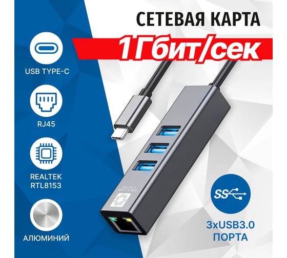 Кабель-адаптер 5Bites usb3.1 3хusb3.0 rj45 1g al grey UA3C-45-12BK