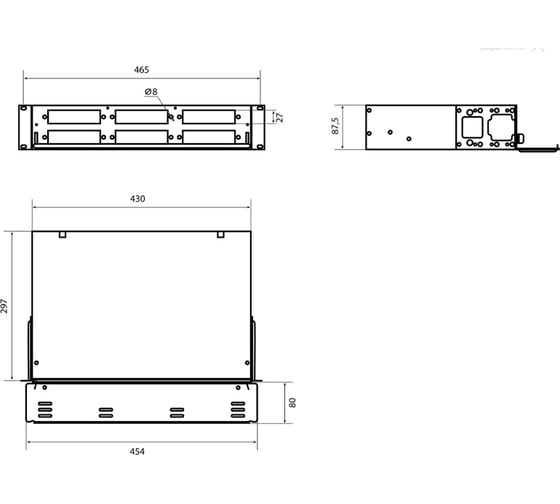 Универсальный оптический бокс Hyperline FO-19V-2U-6xSLT-W130H30-48UN-BK 19" выдвижной, с полкой, от 8 до 48 портов (SC, duplex LC, ST, FC), со сплайс пластиной, без пигтейлов и проходных адаптеров, 2U, черный 401219