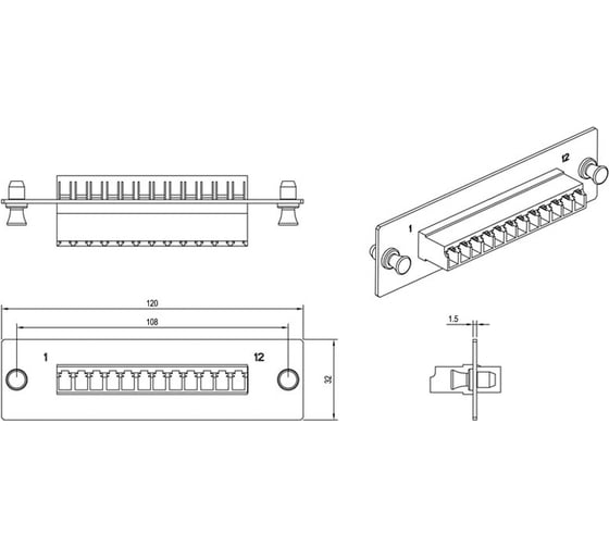 Панель Hyperline FO-FPM-W120H32-12LC-BL для FO-19BX с 12 LC адаптерами, 12 волокон, одномод OS1/OS2, 120x32 мм, адаптеры цвета синий (blue) 47738