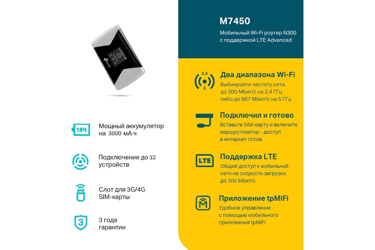 Мобильный Wi-Fi роутер TP-Link N300 с поддержкой 4G LTE Advanced M7450