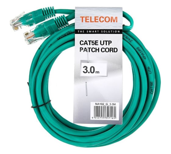Литой патчкорд Telecom UTP, категория 5е, 3,0м, зеленый NA102-G-3M