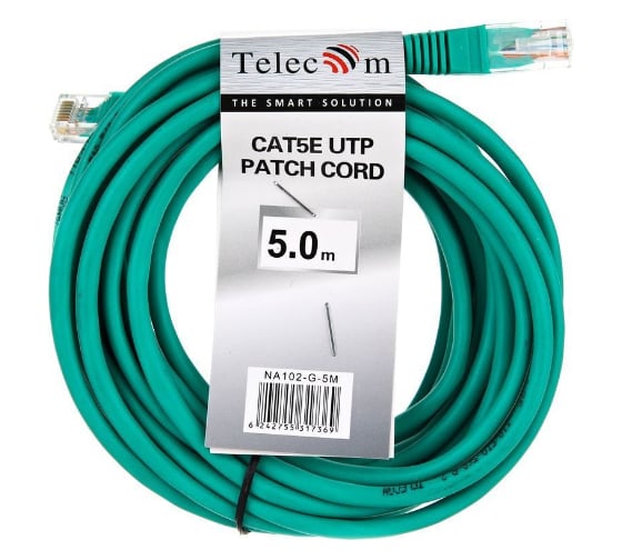 Литой патчкорд Telecom UTP, категория 5е, 5,0м, зеленый NA102-G-5M
