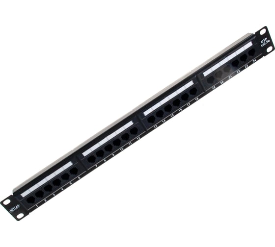 Панель NETLAN 19", 1U, 24 порта, категория 5e, RJ45/8P8C, неэкранированный, черная EC-URP-24-UD2