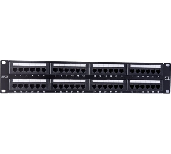 Панель NETLAN 19", 2U, 48 портов, категория 5e, RJ45/8P8C, неэкранированная, черная EC-URP-48-UD2