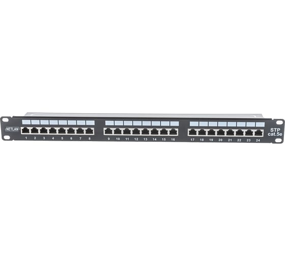 Панель NETLAN 19", 1U, 24 порта, категория 5e, RJ45/8P8C, экранированная, черная EC-URP-24-SD2