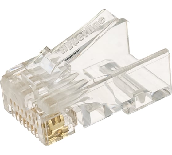 Разъем под витую пару Hyperline, PLUG-8P8C-U-C6-100, RJ-45, 8P8C, категория 6, 50 микродюймов, универсальный, для одножильного и многожильного кабеля, 100 шт, 49367