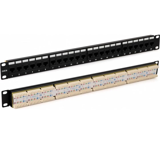 Патч-панель Hyperline, PP3-19-24-8P8C-C6-110D, 19", 1U, 24 порта RJ-45, категория 6, Dual IDC, ROHS, цвет черный, задний кабельный организатор в комплекте, 246107