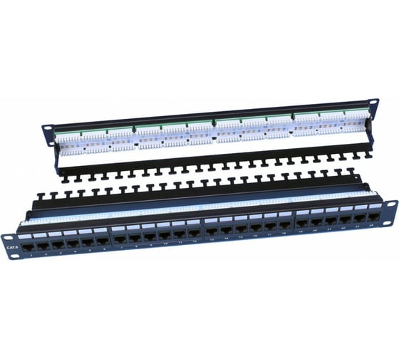 Патч-панель Hyperline, PP3-19-24-8P8C-C6-110D, 19", 1U, 24 порта RJ-45, категория 6, Dual IDC, ROHS, цвет черный, задний кабельный организатор в комплекте, 246107 15559868