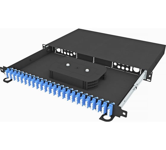 Кросс оптический TopLAN стоечный 19", 24 QLC/UPC адаптера, одномодовый, 1U, черный, укомплектованный, КРС-Top-1U-24QLC/U-OS2-BK