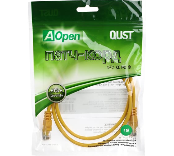 Патчкорд AOpen/Qust литой UTP кат.5е 1м желтый ANP511-1M-Y
