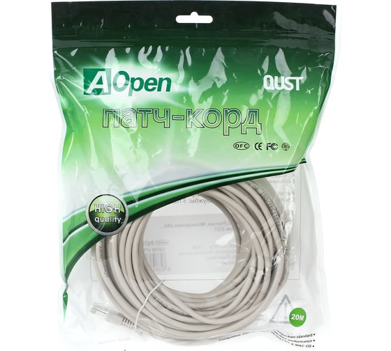 Патчкорд AOpen/Qust литой UTP кат.5е 20м серый ANP511-20M