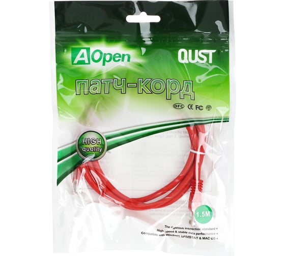 Патчкорд AOpen/Qust литой UTP кат.5е 1,5м красный ANP511-1.5M-R