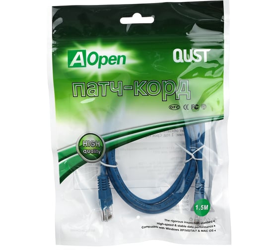 Патчкорд AOpen/Qust литой UTP кат.5е 1,5м синий ANP511-1.5M-B
