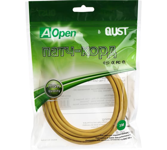 Патчкорд AOpen/Qust литой UTP кат.5е 3м желтый ANP511-3M-Y
