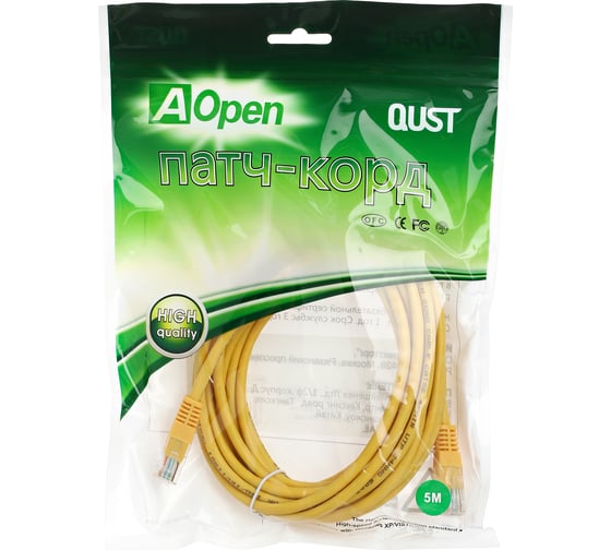 Патчкорд литой AOpen/Qust UTP кат.5е 5м желтый ANP511-5M-Y