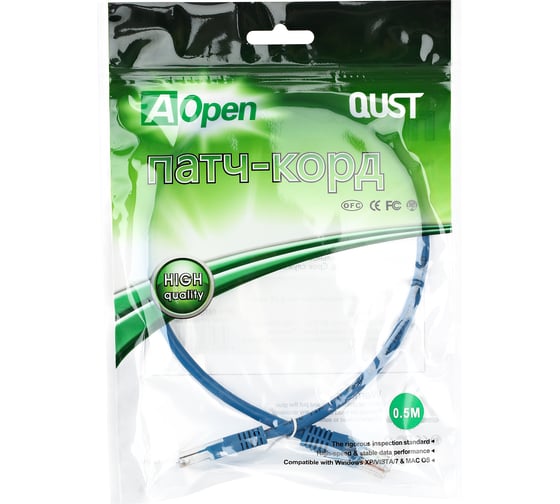 Патчкорд AOpen/Qust литой UTP кат.5е 0,5м синий ANP511-0.5M-B
